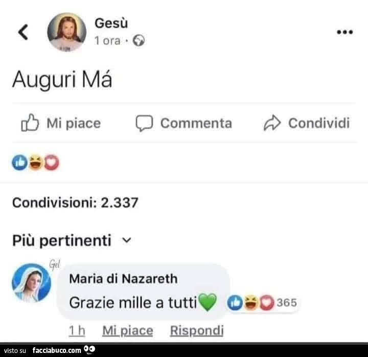 Gesù: auguri mà. Maria di Nazareth: grazie mille a tutti