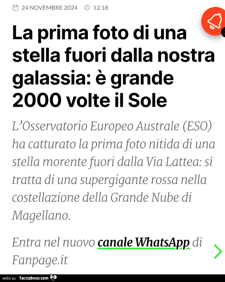 La prima foto di una stella fuori dalla nostra galassia: è grande 2000 volte il sole