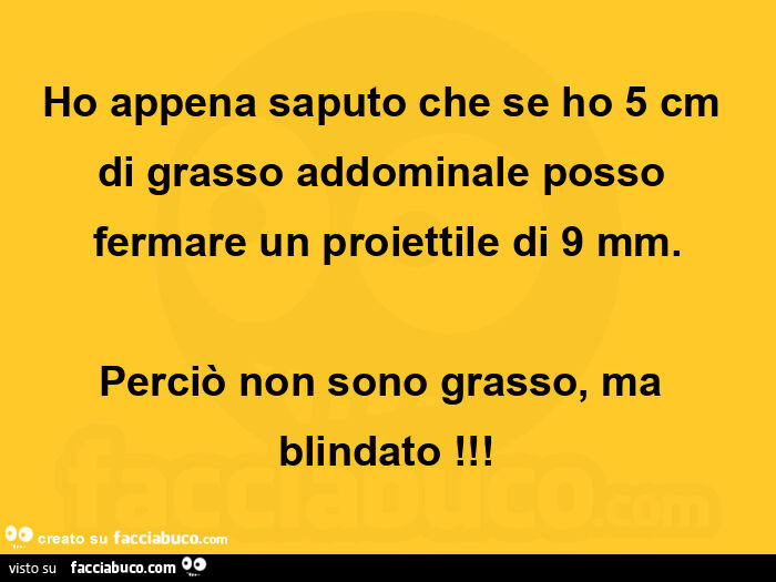 Ho appena saputo che se ho 5 cm di grasso addominale posso fermare un proiettile di 9 mm. Perciò non sono grasso, ma blindato