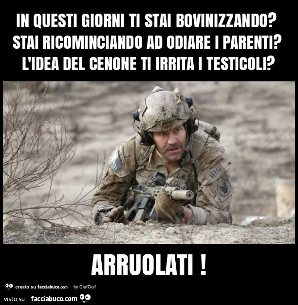 In questi giorni ti stai bovinizzando? Stai ricominciando ad odiare i parenti? L'idea del cenone ti irrita i testicoli? Arruolati