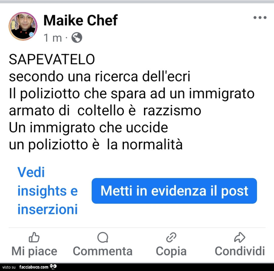 Sapevatelo secondo una ricerca dell'ecri il poliziotto che spara ad un immigrato armato di coltello è razzismo un immigrato che uccide un poliziotto è la normalità