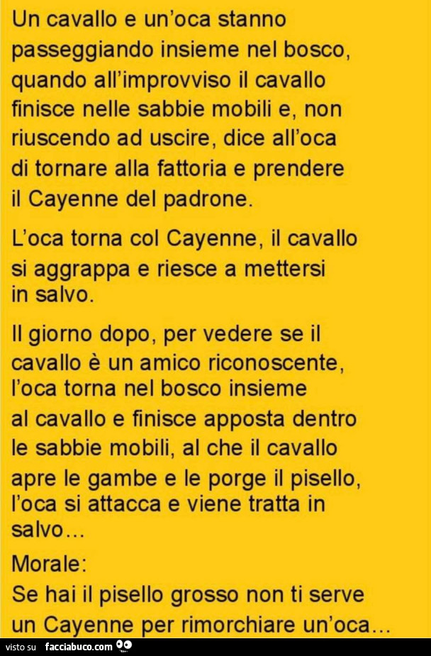 Un cavallo e un'oca stanno passeggiando insieme nel bosco, quando all'improvviso il cavallo finisce nelle sabbie mobili