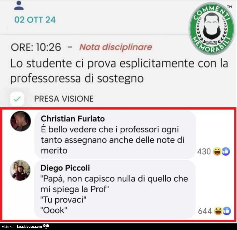 Nota disciplinare lo studente ci prova esplicitamente con la professoressa di sostegno. È Bello vedere che i professori ogni tanto assegnano anche delle note di merito