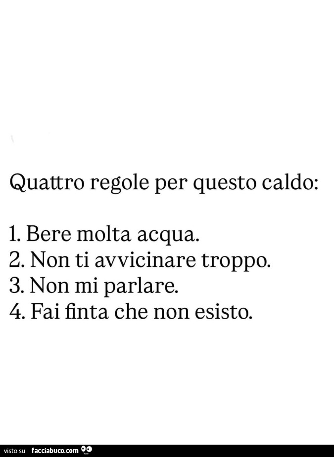 Quattro regole per questo caldo: 1. Bere molta acqua. 2. Non ti avvicinare troppo. 3. Non mi parlare. 4. Fai finta che non esisto