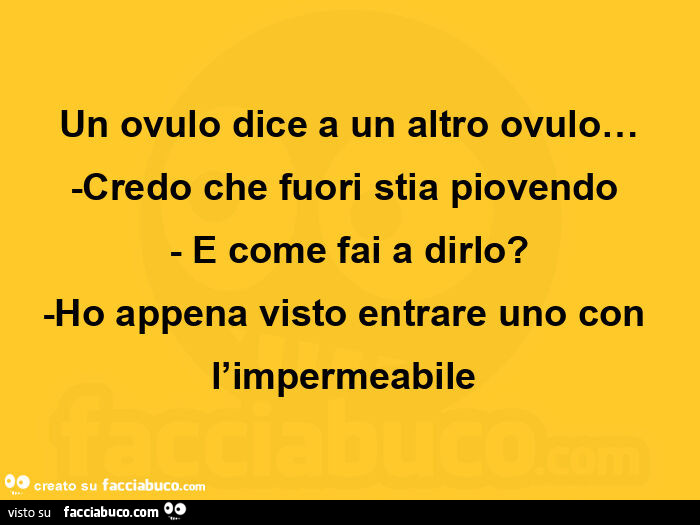 Un ovulo dice a un altro ovulo… -credo che fuori stia piovendo  - e come fai a dirlo? -Ho appena visto entrare uno con l'impermeabile 