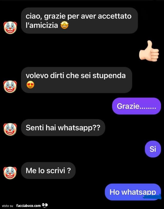 Ciao, grazie per aver accettato l'amicizia. Volevo dirti che sei stupenda. Grazie… senti hai whatsapp? Si. Me lo scrivi? Ho whatsapp