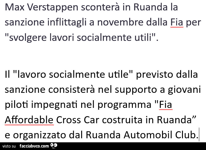 Max verstappen sconterà in ruanda la sanzione inflittagli a novembre dalla per svolgere lavori socialmente utili