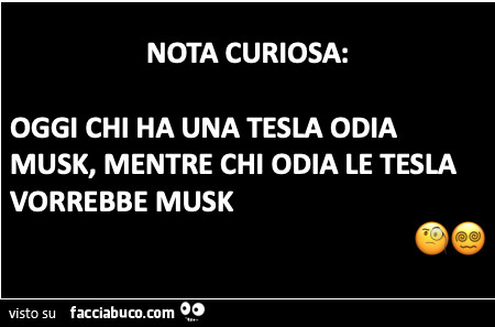 Nota curiosa: oggi chi ha una tesla odia musk, mentre chi odia le tesla vorrebbe musk