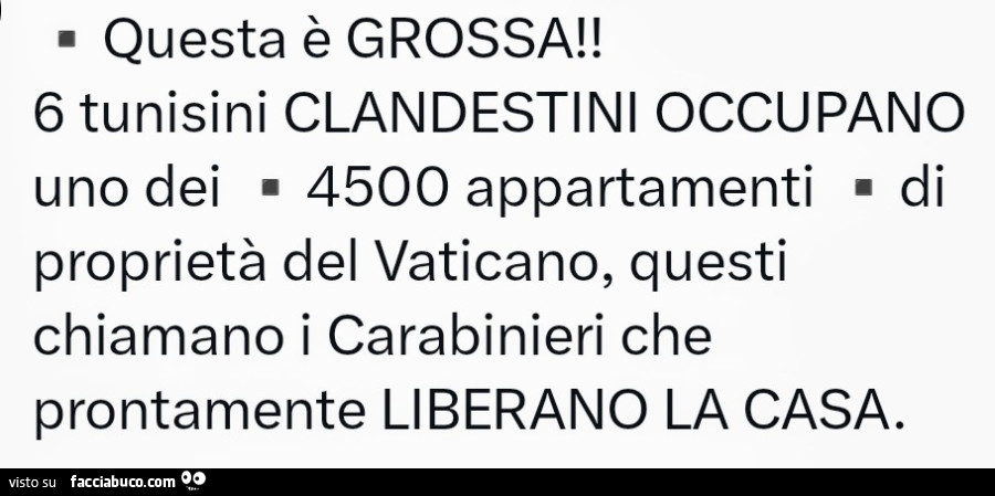 Questa è grossa! 6 tunisini clandestini occupano uno dei 4500 appartamenti di proprietà del vaticano, questi chiamano i carabinieri che prontamente liberano la casa