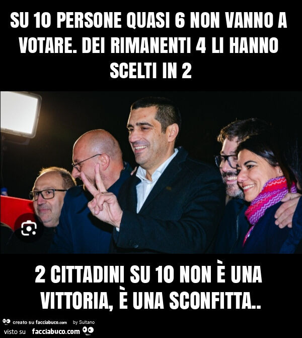 Su 10 persone quasi 6 non vanno a votare. Dei rimanenti 4 li hanno scelti in 2 2 cittadini su 10 non è una vittoria, è una sconfitta