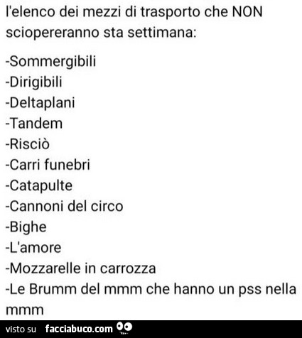 L'elenco dei mezzi di trasporto che non sciopereranno sta settimana: sommergibili dirigibili deltaplani tandem risciò carri funebri catapulte cannoni del circo