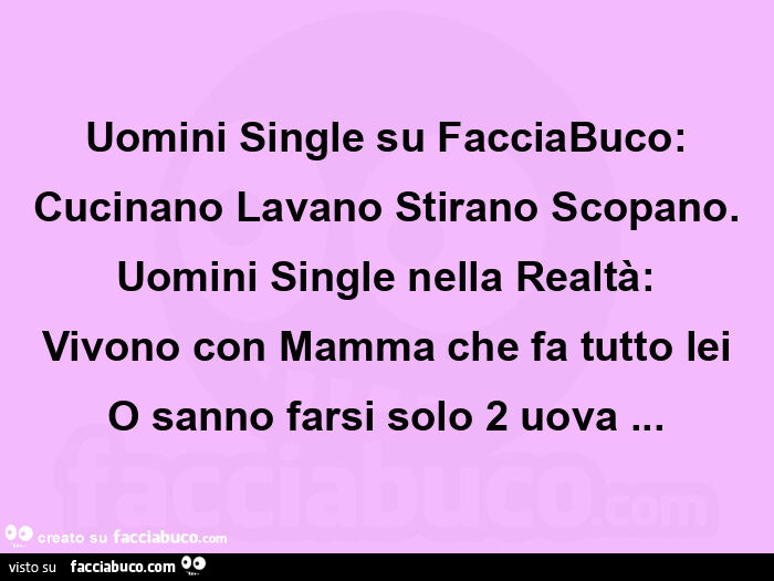 Uomini single su facciabuco: cucinano lavano stirano scopano. Uomini single nella realtà: vivono con mamma che fa tutto lei o sanno farsi solo 2 uova