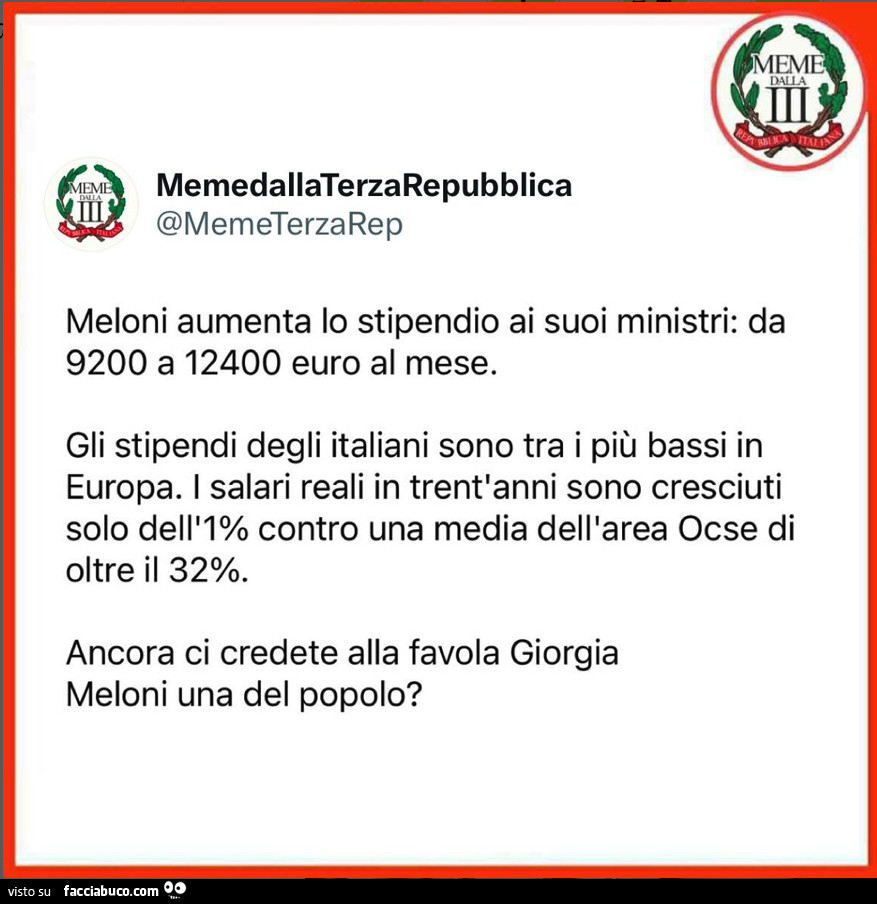 Meloni aumenta lo stipendio ai suoi ministri: da 9200 a 12400 euro al mese