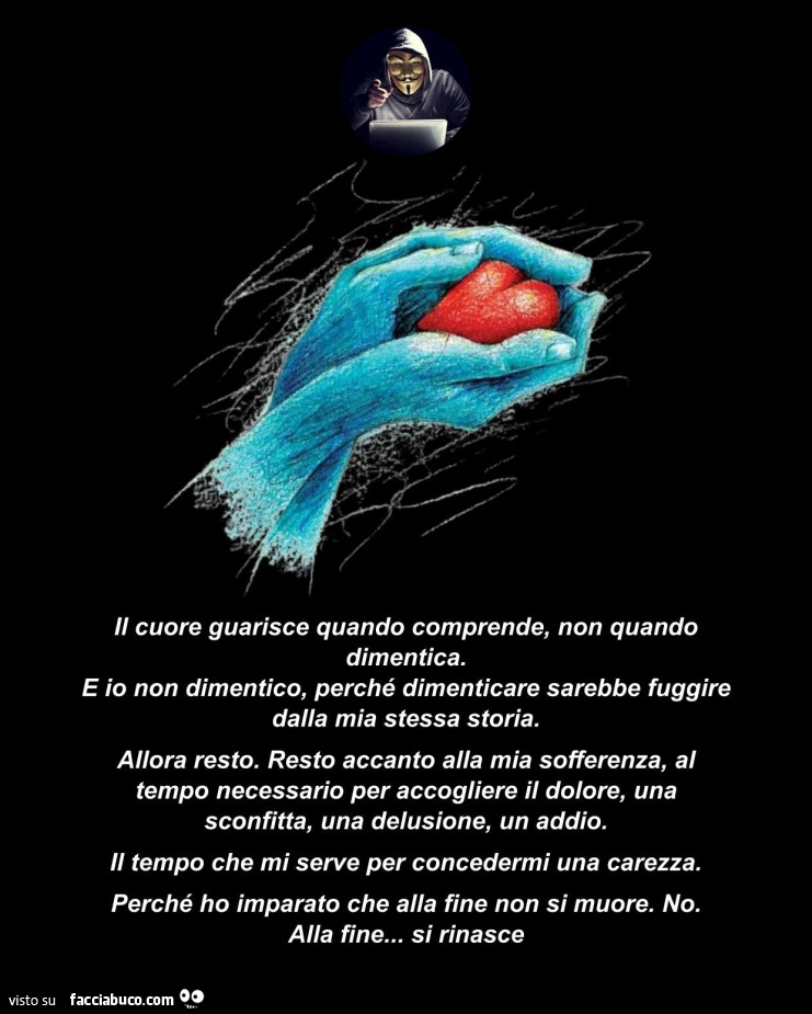 Il cuore guarisce quando comprende, non quando dimentica. E io non dimentico, perché dimenticare sarebbe fuggire dalla mia stessa storia