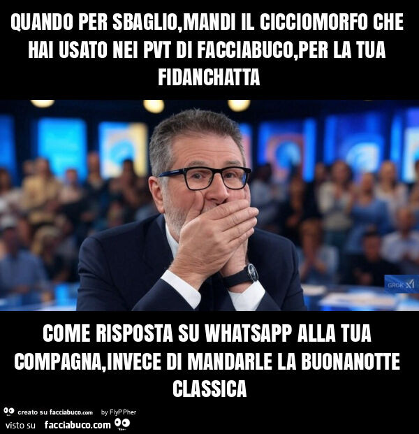 Quando per sbaglio, mandi il cicciomorfo che hai usato nei pvt di facciabuco, per la tua fidanchatta come risposta su whatsapp alla tua compagna, invece di mandarle la buonanotte classica