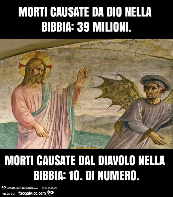 Morti causate da dio nella bibbia: 39 milioni. Morti causate dal diavolo nella bibbia: 10. Di numero