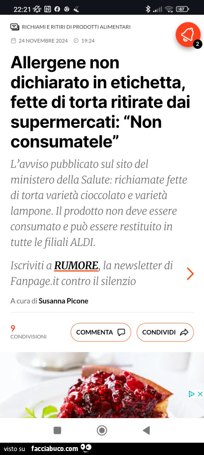 Allergene non dichiarato in etichetta, fette di torta ritirate dai supermercati: non consumatele