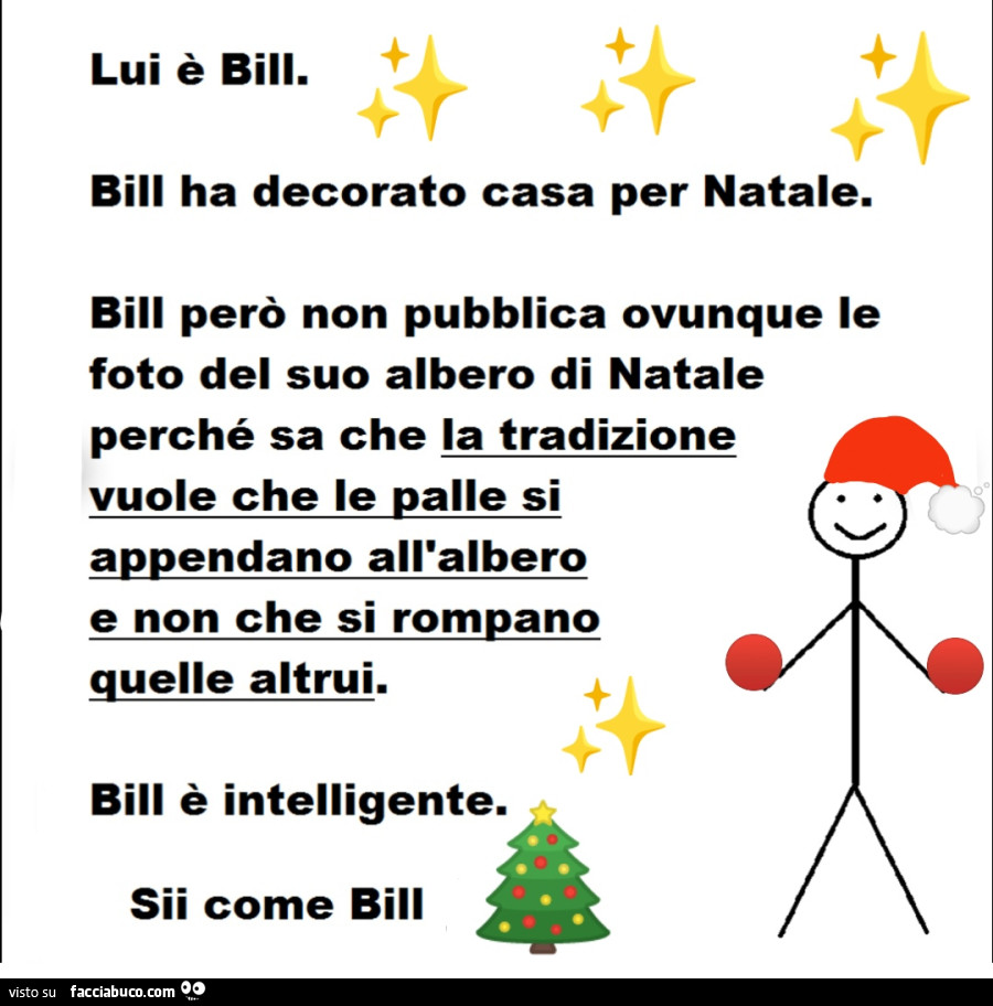 Lui è bili. Bill ha decorato casa per natale. Bill però non pubblica ovunque le foto del suo albero di natale