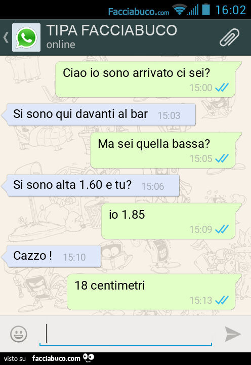 Ciao io sono arrivato ci sei? Si sono qui davanti al bar. Ma sei quella bassa? Si sono alta 1.60 e tu? Io 1.85. Cazzo! 18 centimetri