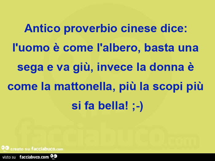 Antico proverbio cinese dice: l'uomo è come l'albero, basta una sega e va giù, invece la donna è come la mattonella, più la scopi più si fa bella! ;-)