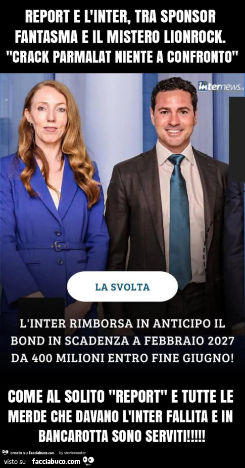 Report e l'inter, tra sponsor fantasma e il mistero lionrock. "Crack parmalat niente a confronto" come al solito "report" e tutte le merde che davano l'inter fallita e in bancarotta sono serviti