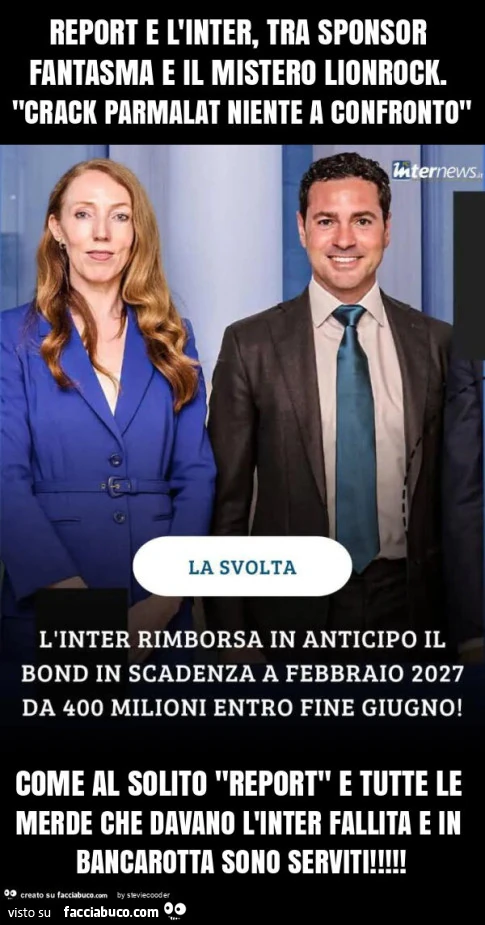 Report e l'inter, tra sponsor fantasma e il mistero lionrock. "Crack parmalat niente a confronto" come al solito "report" e tutte le merde che davano l'inter fallita e in bancarotta sono serviti