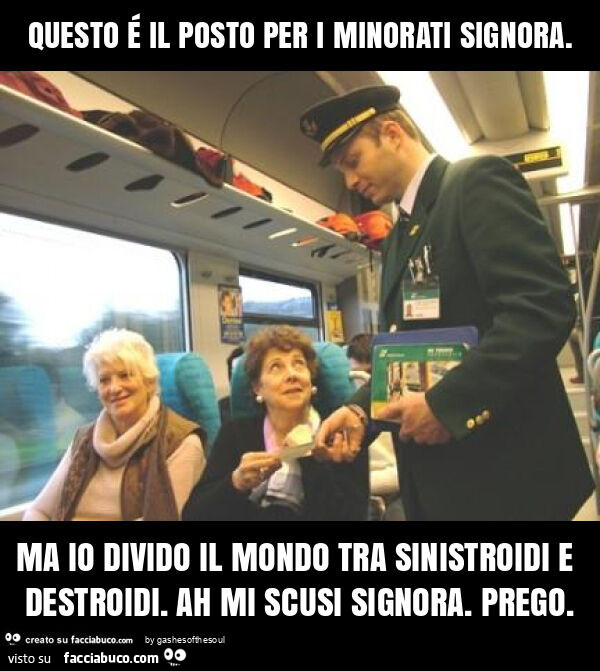 Questo é il posto per i minorati signora. Ma io divido il mondo tra sinistroidi e destroidi. Ah mi scusi signora. Prego