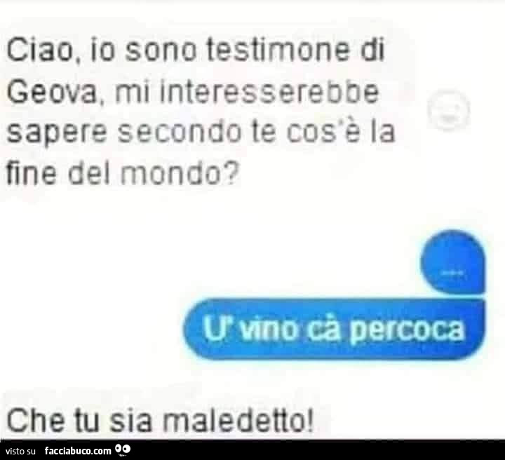 Ciao, io sono testimone di geova, mi interesserebbe sapere secondo te cos'è la fine del mondo? Ù Vino cà percoca. Che tu sia maledetto