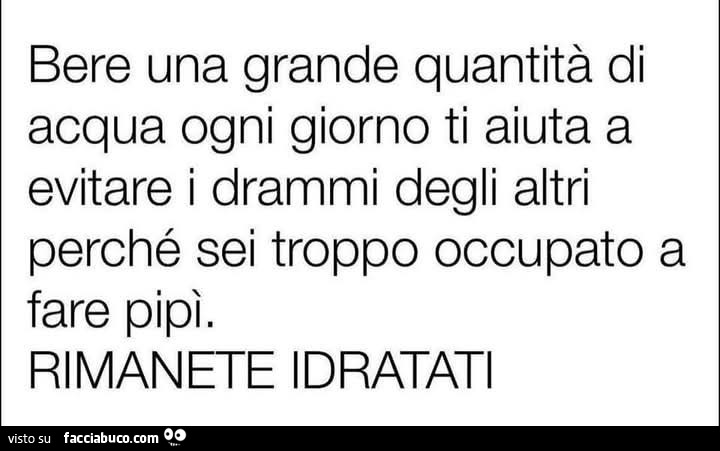 Bere una grande quantità di acqua ogni giorno ti aiuta a evitare i drammi degli altri perché sei troppo occupato a fare pipì. Rimanete idratati