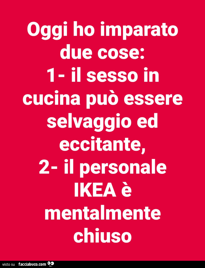 Oggi ho imparato due cose: 1 il sesso in cucina può essere selvaggio ed eccitante, 2 il personale ikea è mentalmente chiuso