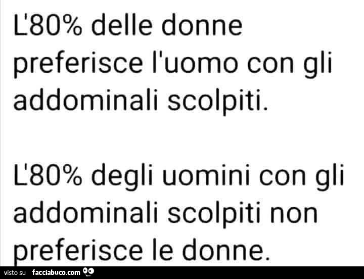 L'80% delle donne preferisce l'uomo con gli addominali scolpiti. L'80% degli uomini con gli addominali scolpiti non preferisce le donne