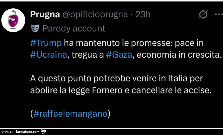 Trump ha mantenuto le promesse: pace in ucraina, tregua a gaza, economia in crescita. A questo punto potrebbe venire in italia per abolire la legge fornero e cancellare le accise