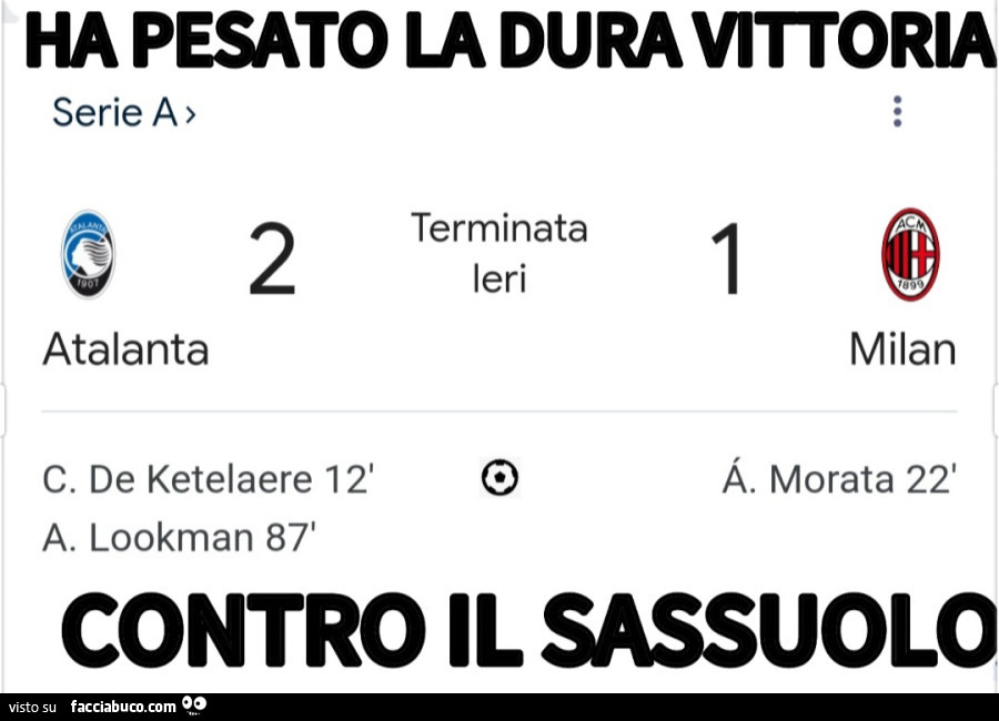 Atalanta 2, Milan 1. Ha pesato la dura vittoria contro il sassuolo