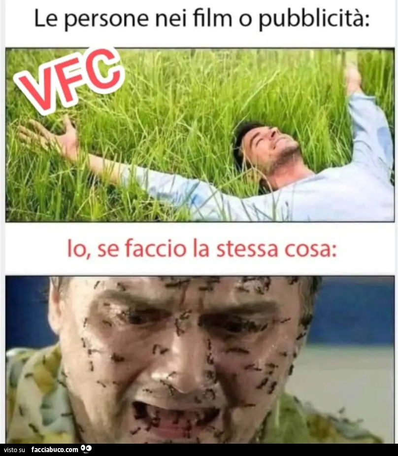 Le persone nei film o pubblicità io se faccio la stessa cosa sdraiarsi prato formiche