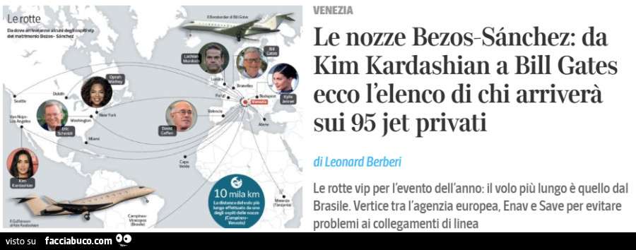 Le nozze Bezos-Sanchez: da kim kardashian a bill gates ecco l'elenco di chi arriverà sui 95 jet privati