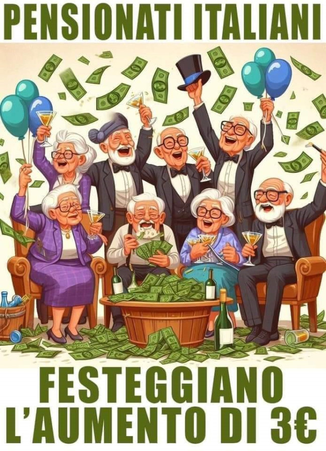 Pensionati italiani festeggiano l'aumento di 3 euro