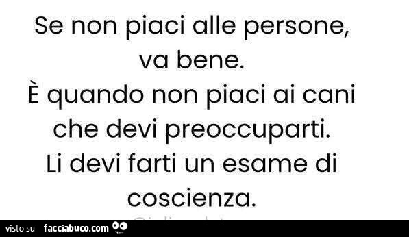 Se non piaci alle persone, va bene. È Quando non piaci ai cani che devi preoccuparti. Li devi farti un esame di coscienza