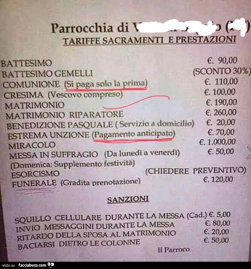 Parrocchia tariffe sacramentali