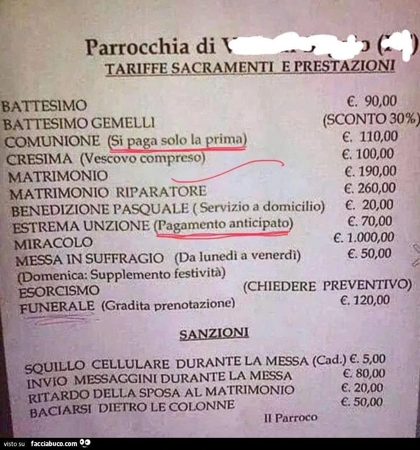 Parrocchia tariffe sacramentali