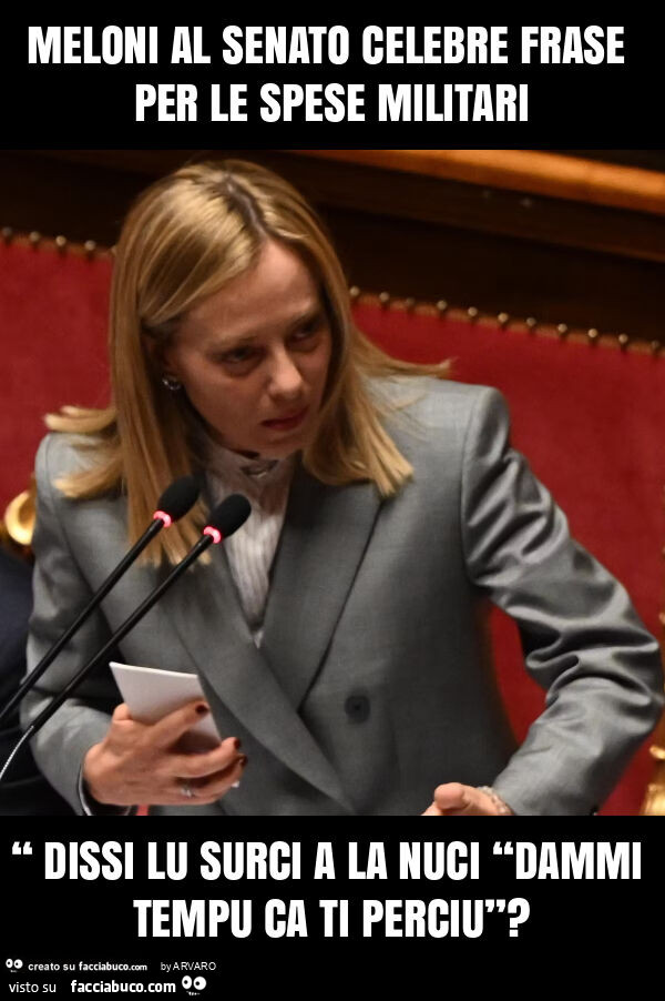 Meloni al senato celebre frase per le spese militari “ dissi lu surci a la nuci “dammi tempu ca ti perciu”?