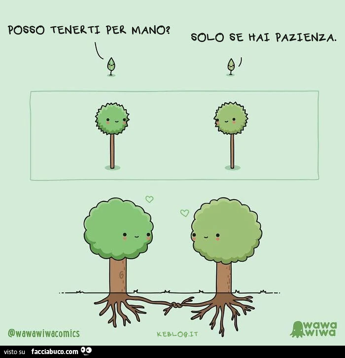 Fumetto con le radici di 2 alberi che finalmente riescono a toccarsi