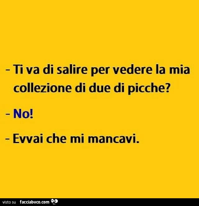 Ti va di salire per vedere la mia collezione di due di picche? No! Evvai che mi mancavi