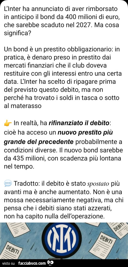 L'inter ha annunciato di aver rimborsato in anticipo il bond da 400 milioni di euro, che sarebbe scaduto nel 2027