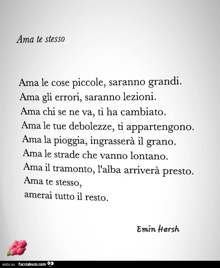 Ama te stesso ama le cose piccole, saranno grandi. Ama gli errori, saranno lezioni. Ama chi se ne va, ti ha cambiato. Ama le tue debolezze, ti appartengono. Ama la pioggia, ingrasserà il grano