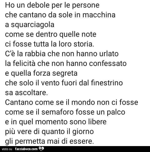 Ho un debole per le persone che cantano da sole in macchina a squarciagola come se dentro quelle note ci fosse tutta la loro storia