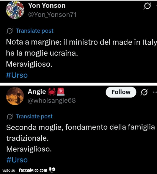 Nota a margine: il ministro del made in italy ha la moglie ucraina. Meraviglioso. Seconda moglie, fondamento della famiglia tradizionale. Meraviglioso