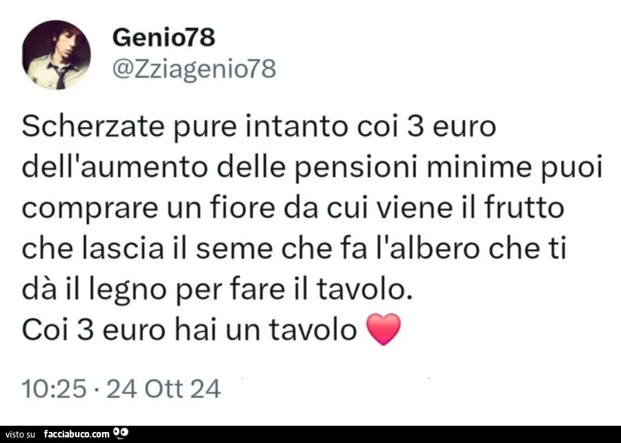 Scherzate pure intanto coi 3 euro dell'aumento delle pensioni minime puoi comprare un fiore da cui viene il frutto che lascia il seme che fa l'albero che ti dà il legno per fare il tavolo. Coi 3 euro hai un tavolo