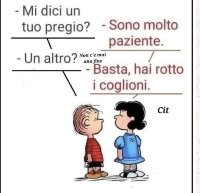 Mi dici un tuo pregio? Sono molto paziente. Un altro? Basta, hai rotto i coglioni