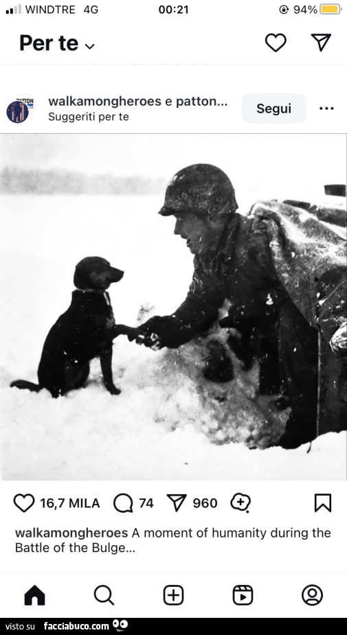 Soldato con cagnolino nella neve