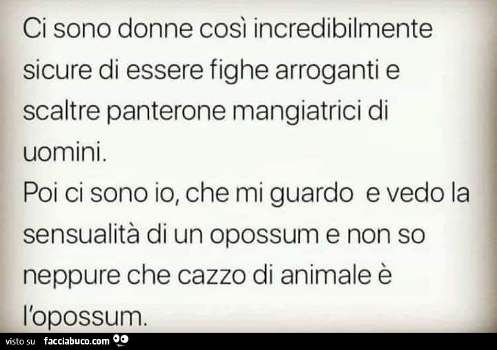 Ci sono donne così incredibilmente sicure di essere fighe arroganti e scaltre panterone mangiatrici di uomini. Poi ci sono io, che mi guardo e vedo la sensualità di un opossum e non so neppure che cazzo di animale è l'opossum